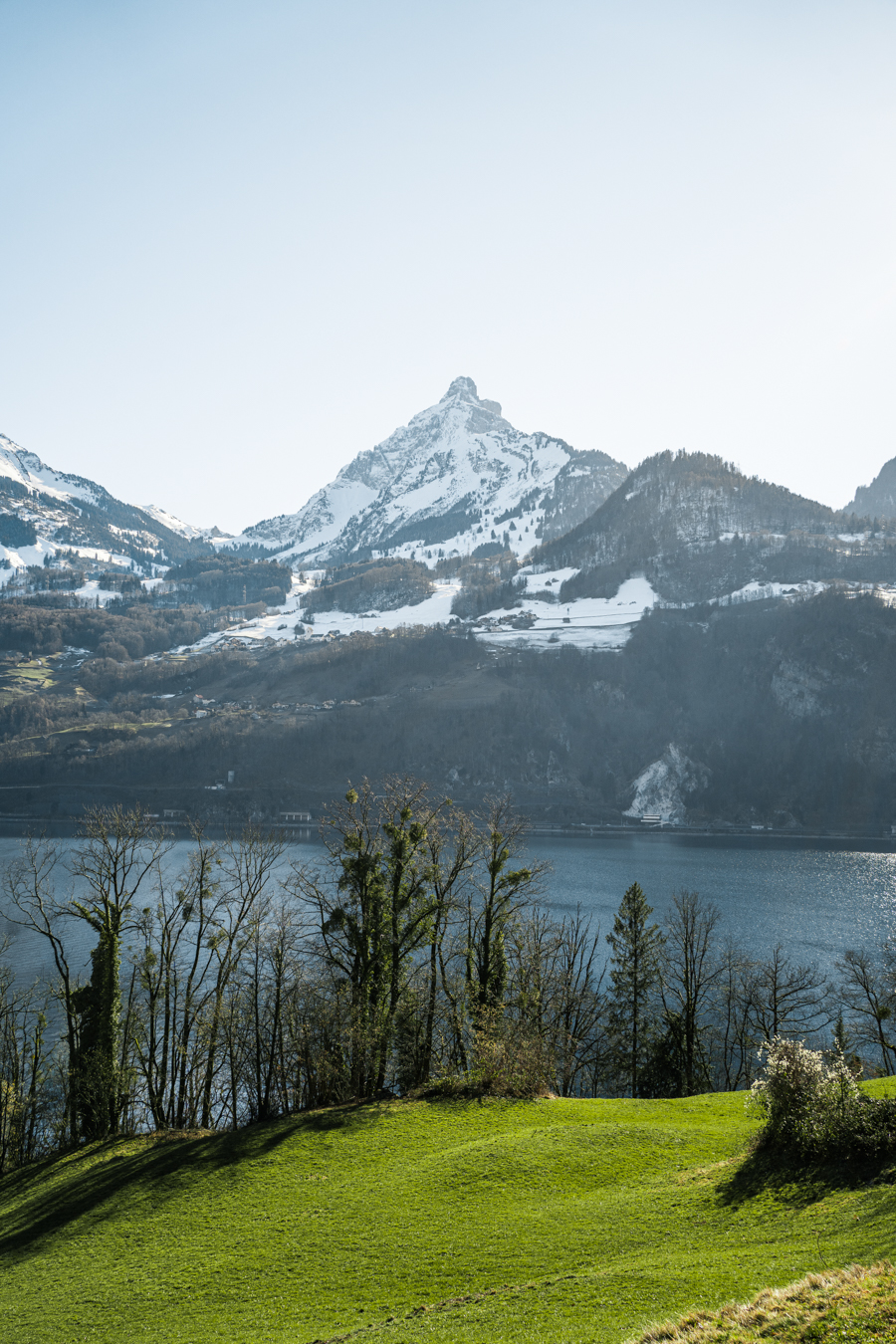 Snow-capped mountains rise above a tranquil lake, framed by lush green hills and sparse trees under a clear blue sky.